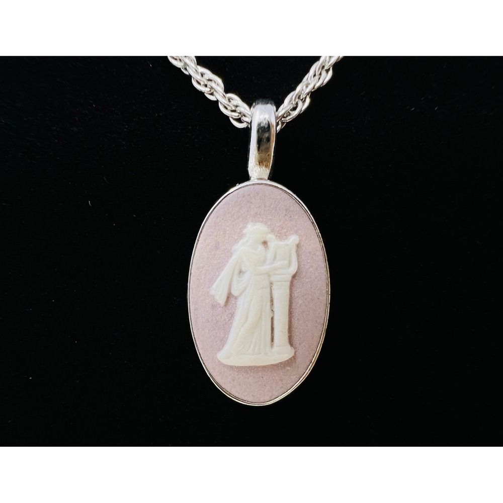 Wedgwood Pink Jasperware Cameo Pendant Necklace Silver Tone Muse with Lyre
